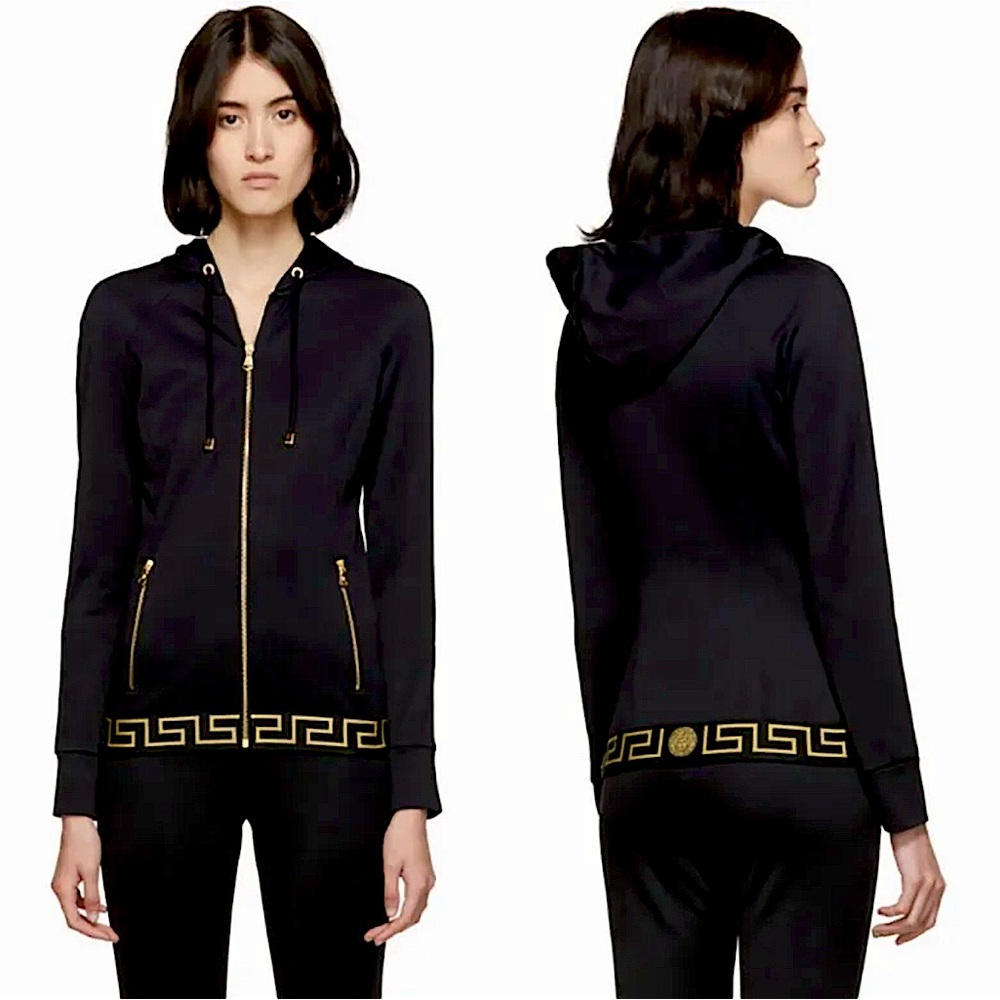 🔸🟡VERSACE🟡🔸BLACK LOGO JACKET HOODIE GOLD METAL ZIPPER! XS NEW!! $600$ RETAIL